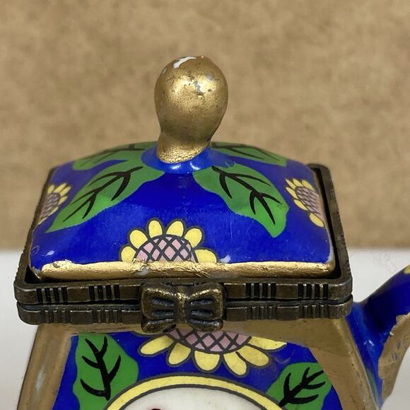 Vtg Sunflower Face Teapot Trinket Box Porcelain Sun Bright Whimsical - Picture 6 of 11